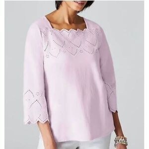 J. Jill Lilac Purple Eyelet Trim‎ T-Shirt Cotton 3/4 Bell Sleeves Size Large